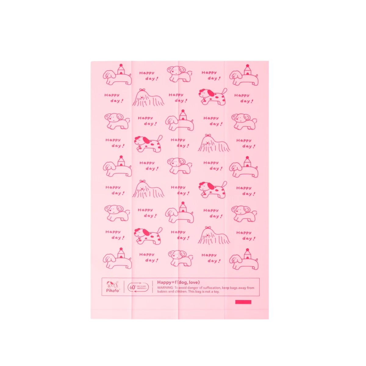 A Baby Powder bag laid flat, showing the pink dog pattern and Happy day print