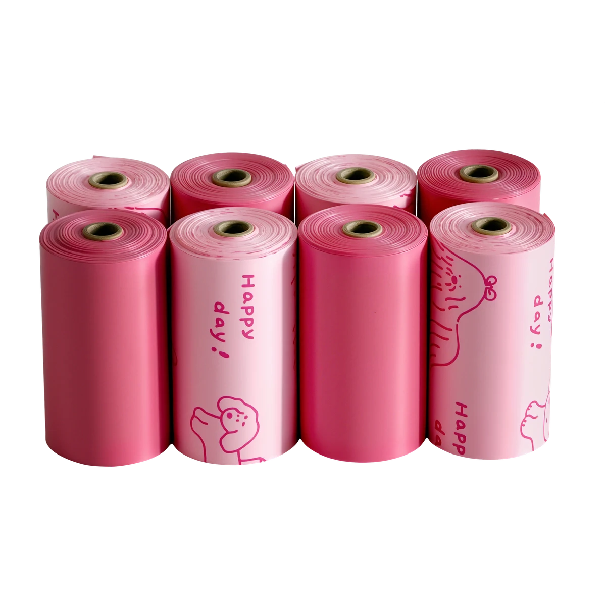 Eight Baby Powder rolls for the 128-bag pack, in plain pink and dog-print designs