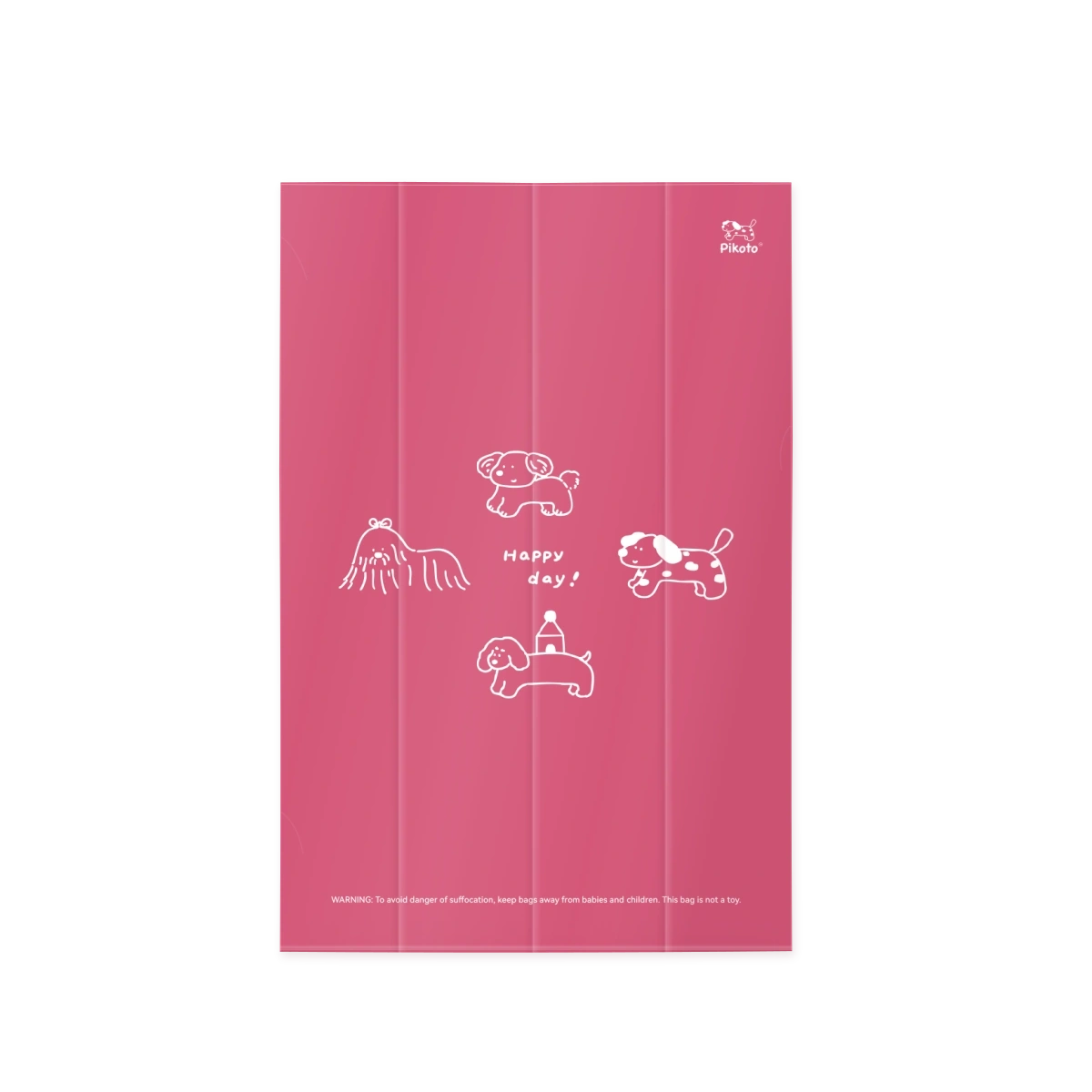 Deep pink bag design with the original white dog illustrations, subtle folds and a sealed bottom edge