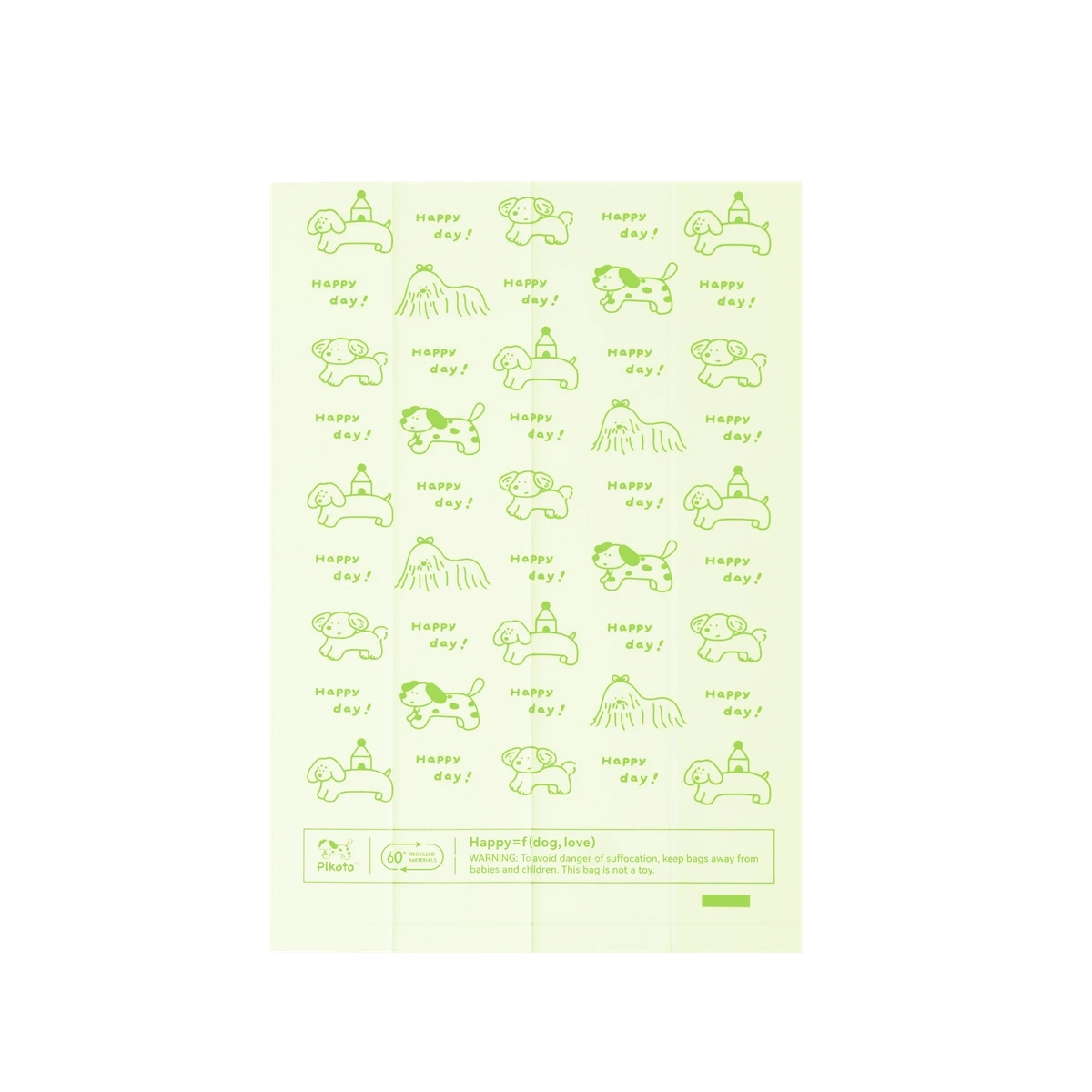 An Unscented bag laid flat, showing the green dog pattern and Happy day print