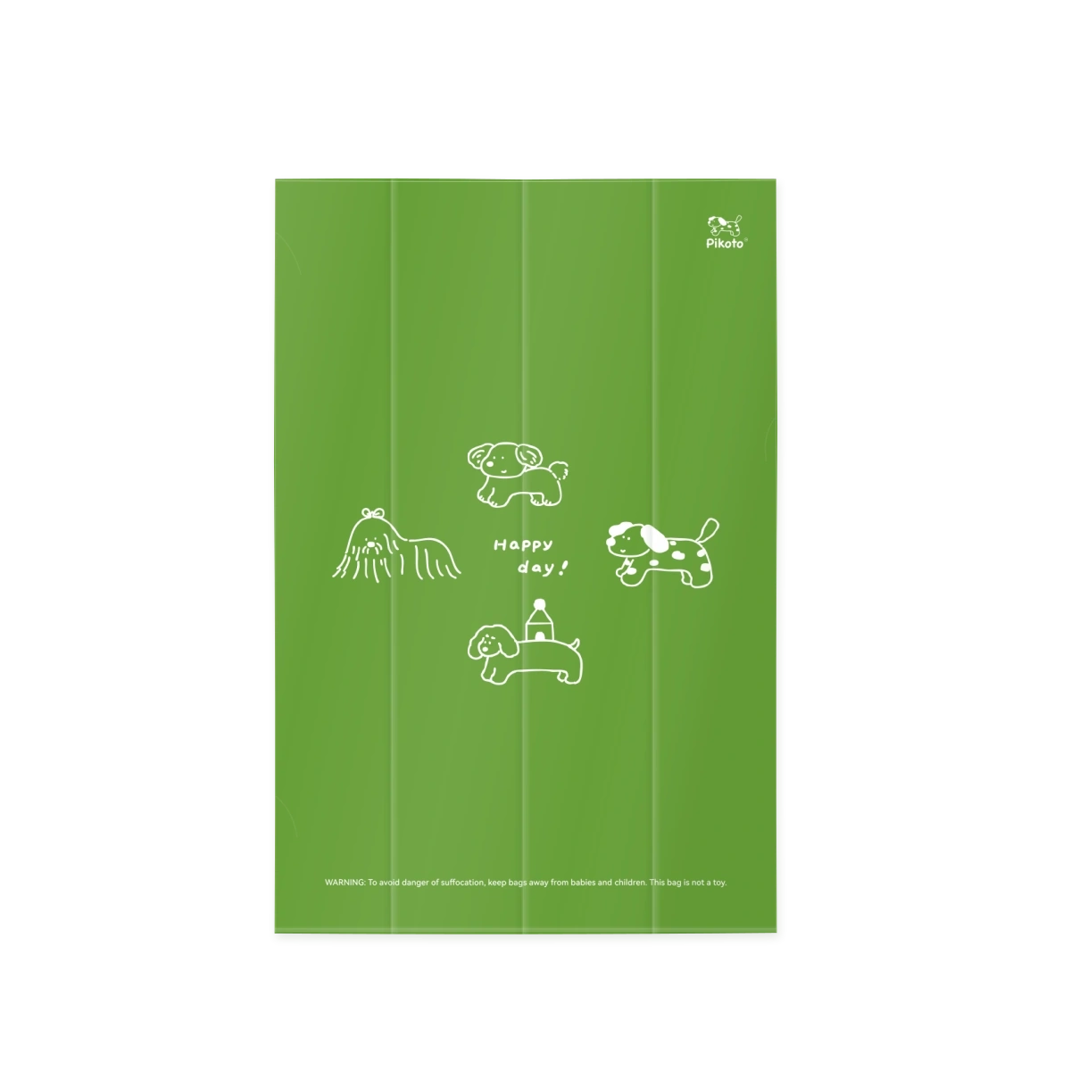 Green bag design with white dog illustrations, subtle folds and a sealed bottom edge
