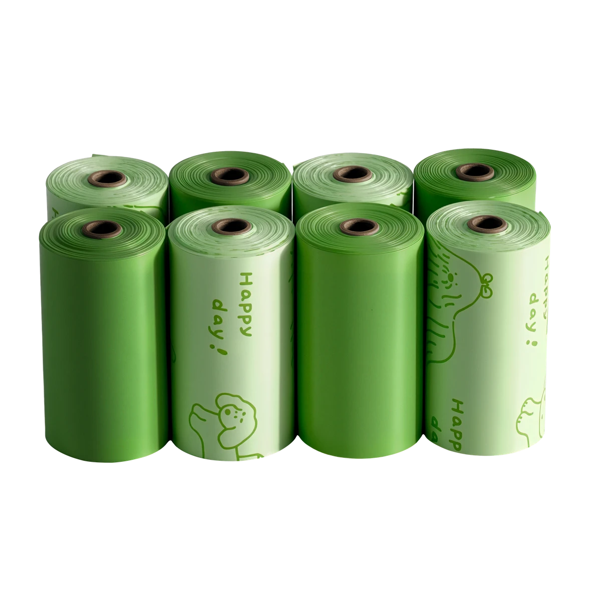 Eight Unscented rolls for the 128-bag pack, in plain green and dog-print designs